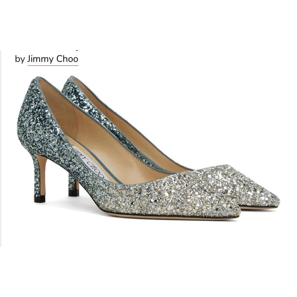 Jimmy Choo Romy Ombre Glitter Pumps Women 38 7.5 Navy Silver Good Kitten Heel